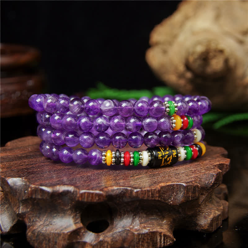 Buddha Stones Amethyst Om Mani Padme Hum Reinheitsgebet 108 Perlen Mala - image 1
