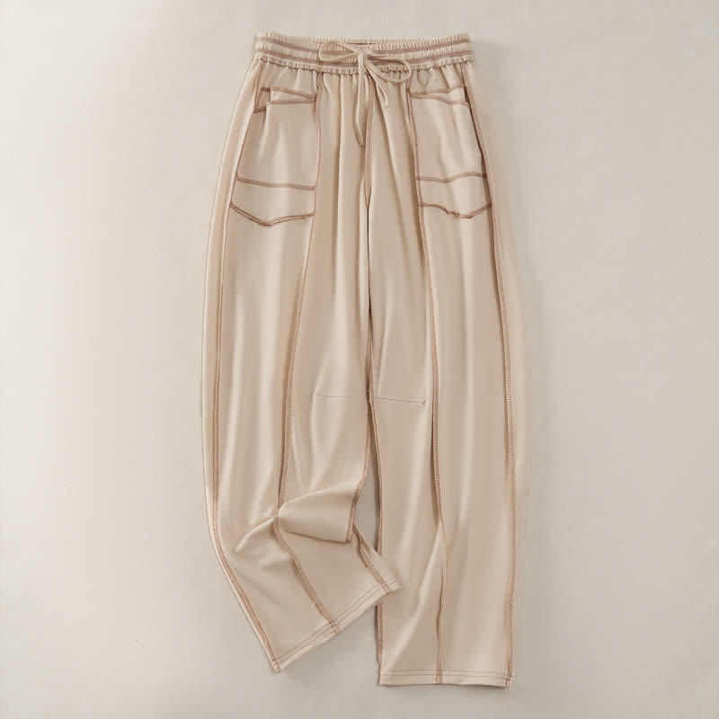 Buddha Stones Sommer-Freizeithose im minimalistischen Stil mit Kordelzug und aufgesetzter Tasche, einfarbig, knöchelhoch, Damenhose mit geradem Bein und Tasche - Beige - US8-10, UK/AU12-14, EU40-42 (2XL) - image 0