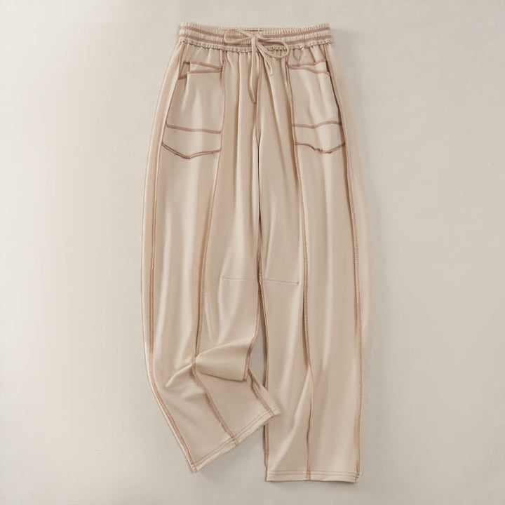 Buddha Stones Sommer-Freizeithose im minimalistischen Stil mit Kordelzug und aufgesetzter Tasche, einfarbig, knöchelhoch, Damenhose mit geradem Bein und Tasche - Beige - US8-10, UK/AU12-14, EU40-42 (2XL) - image 0