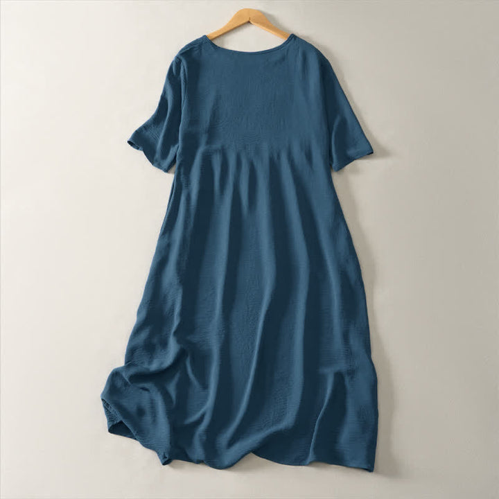 Buddha Stones Sommerliches, lässiges, minimalistisches, einfarbiges Damenkleid mit kurzen Ärmeln und Tasche - image 1