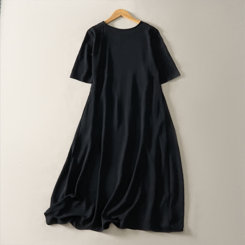 Buddha Stones Sommerliches, lässiges, minimalistisches, einfarbiges Damenkleid mit kurzen Ärmeln und Tasche - image 9