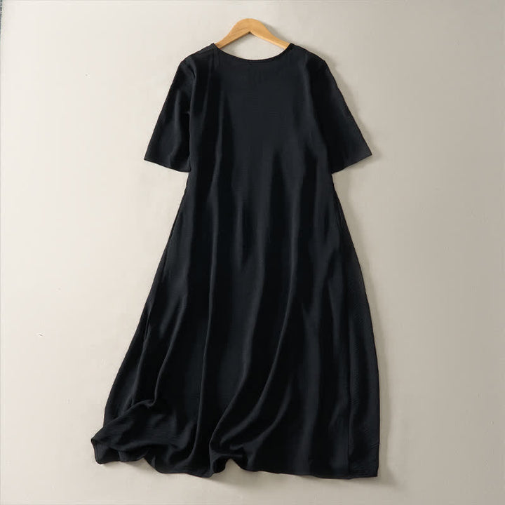 Buddha Stones Sommerliches, lässiges, minimalistisches, einfarbiges Damenkleid mit kurzen Ärmeln und Tasche - image 9