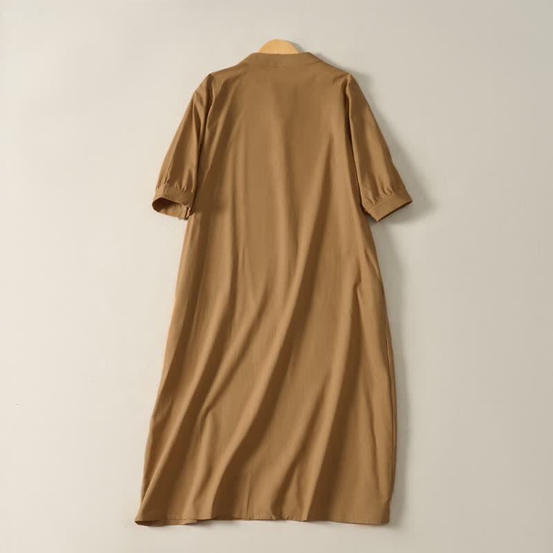 Buddha Stones Minimalistisches, schlichtes, einfarbiges Sommerkleid für Damen mit kurzen Ärmeln und Tasche - image 1
