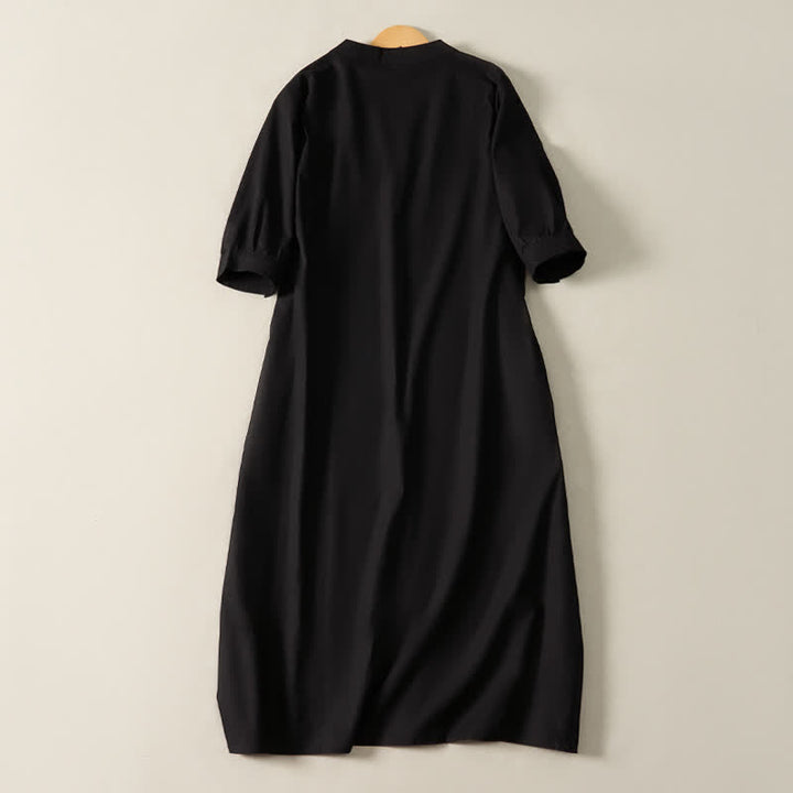 Buddha Stones Minimalistisches, schlichtes, einfarbiges Sommerkleid für Damen mit kurzen Ärmeln und Tasche - image 9