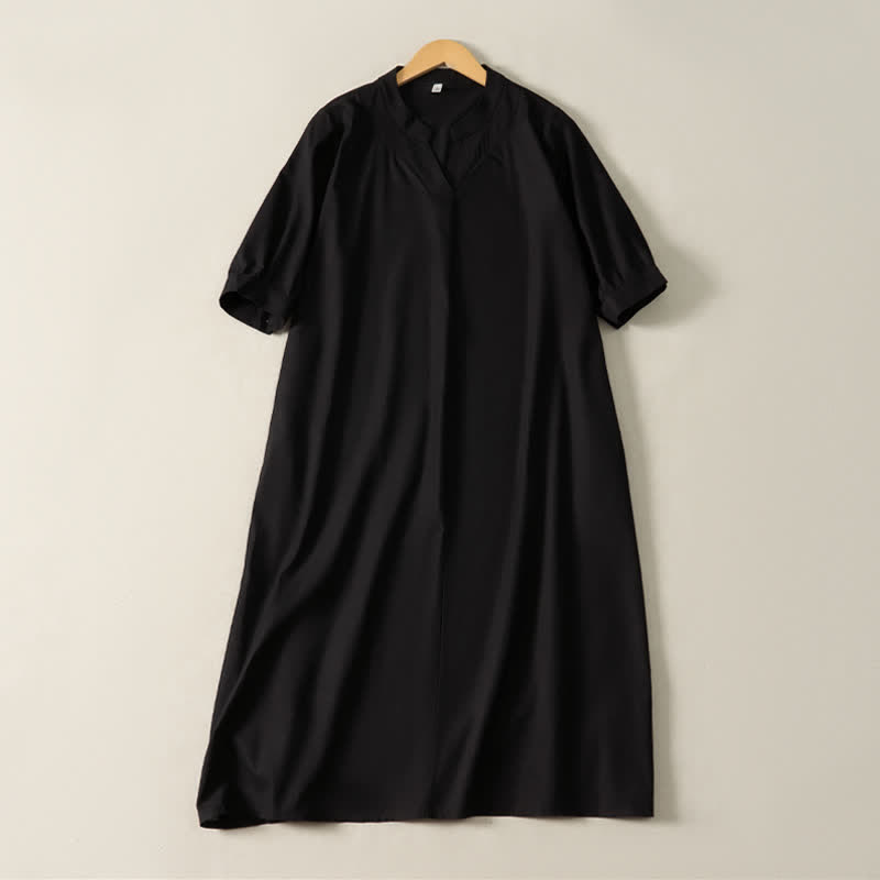 Buddha Stones Minimalistisches, schlichtes, einfarbiges Sommerkleid für Damen mit kurzen Ärmeln und Tasche - image 10