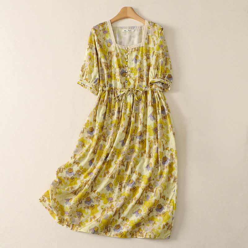 Buddha Stones Frühling/Sommer Vintage-Kleid mit Kordelzug, Blumenmuster, kurzen Ärmeln und Tasche für Damen, Kurzarm, ... Damen, Kurzarm, mit Tasche - Khaki - US14, UK/AU18, EU46 (2XL) - image 0