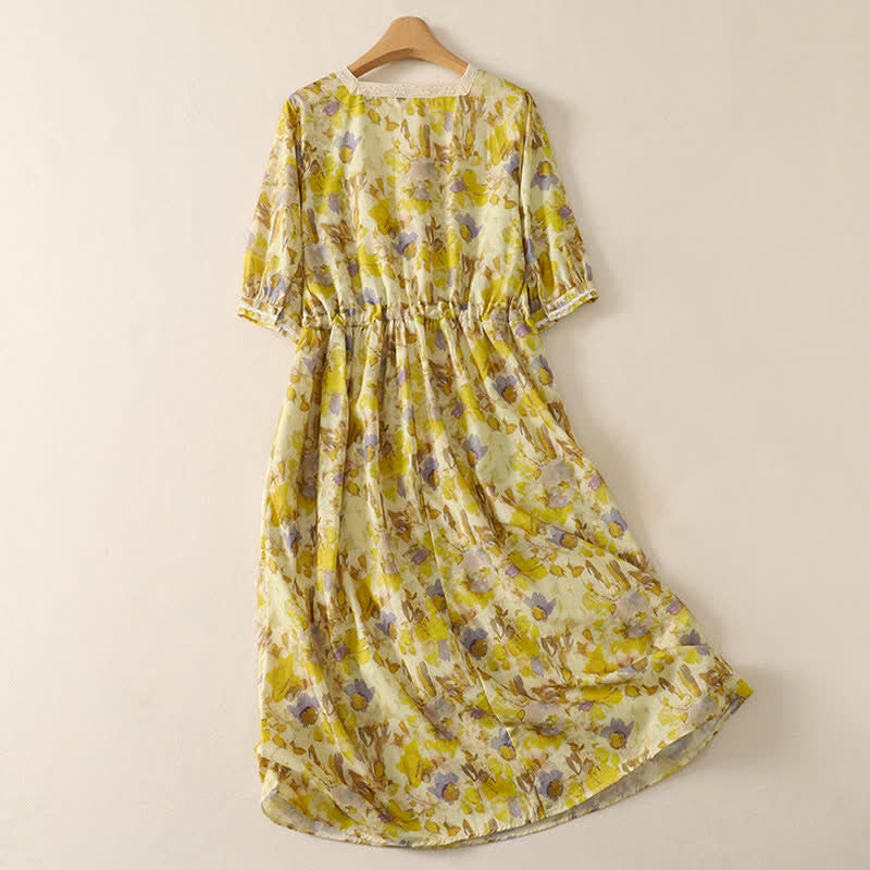Buddha Stones Frühling/Sommer Vintage-Kleid mit Kordelzug, Blumenmuster, kurzen Ärmeln und Tasche für Damen, Kurzarm, ... Damen, Kurzarm, mit Tasche - image 1