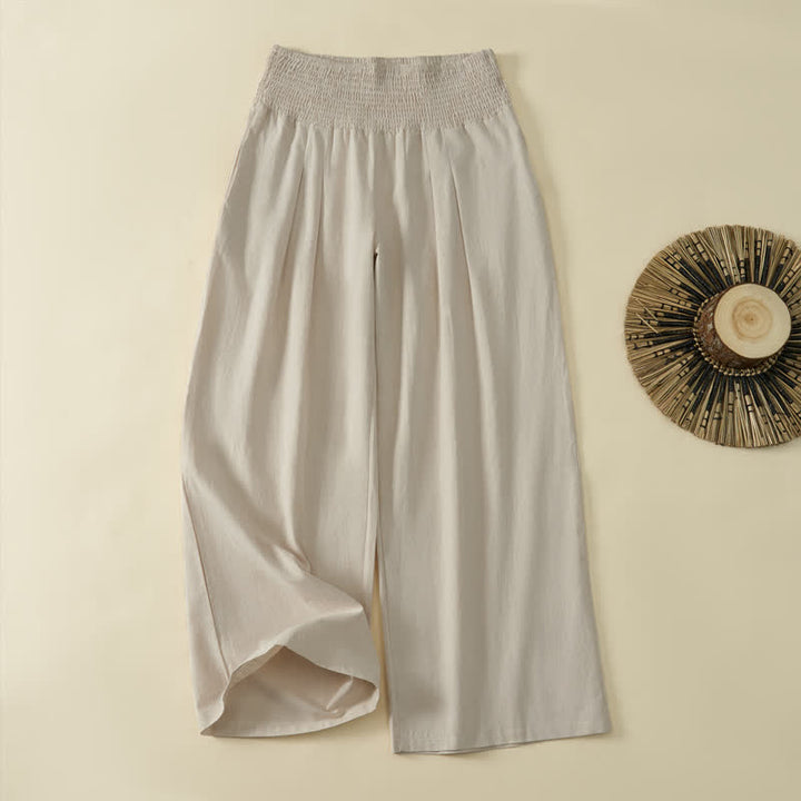 Buddha Stones Lässige, minimalistische lange Damenhose für Frühling und Sommer mit weitem Bein und Tasche - Beige - US 8-10, UK/AU 12-14, EU 40-42 (2XL) - image 0