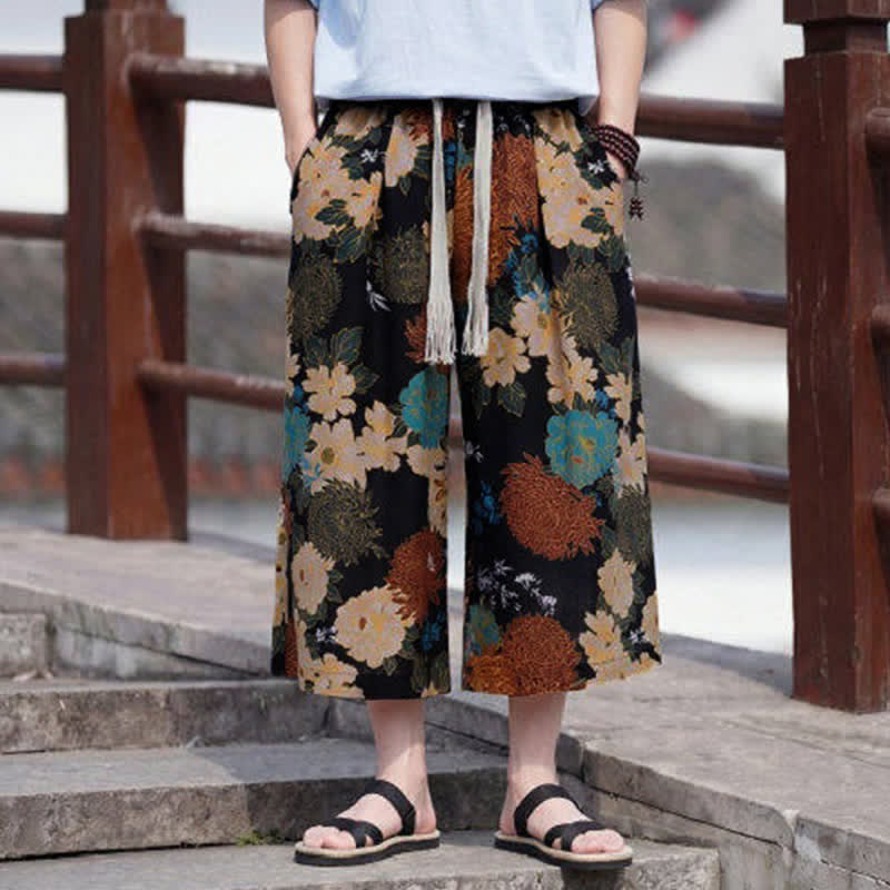 Buddha Stones Sommerliche Boho-Vintage-Caprihose mit Kordelzug und Blumenmuster, gerades Bein, mit Tasche - image 1