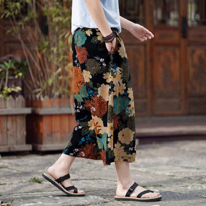 Buddha Stones Sommerliche Boho-Vintage-Caprihose mit Kordelzug und Blumenmuster, gerades Bein, mit Tasche - image 4