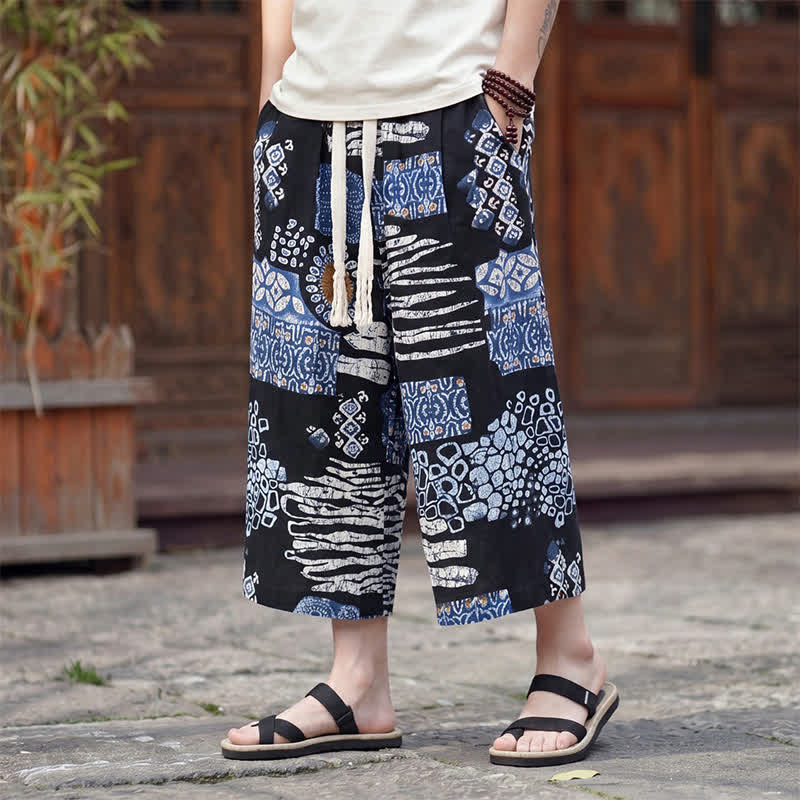 Buddha Stones Sommerliche Boho-Vintage-Caprihose mit Kordelzug und Blumenmuster, gerades Bein, mit Tasche - SteelBlue - US/UK/AU46, EU56 (5XL) - image 7