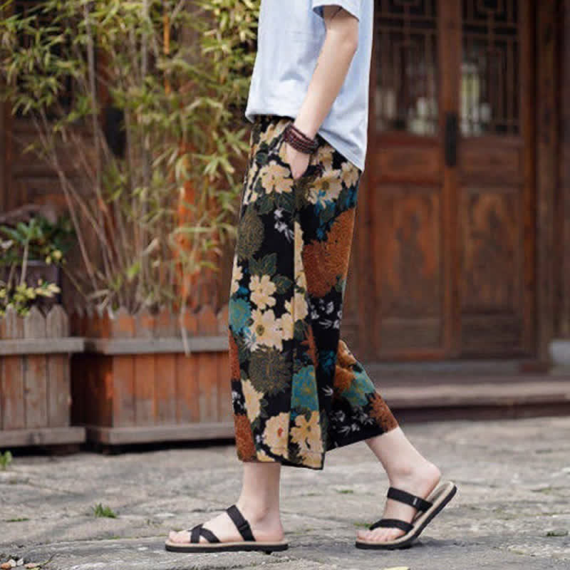 Buddha Stones Sommerliche Boho-Vintage-Caprihose mit Kordelzug und Blumenmuster, gerades Bein, mit Tasche - image 5