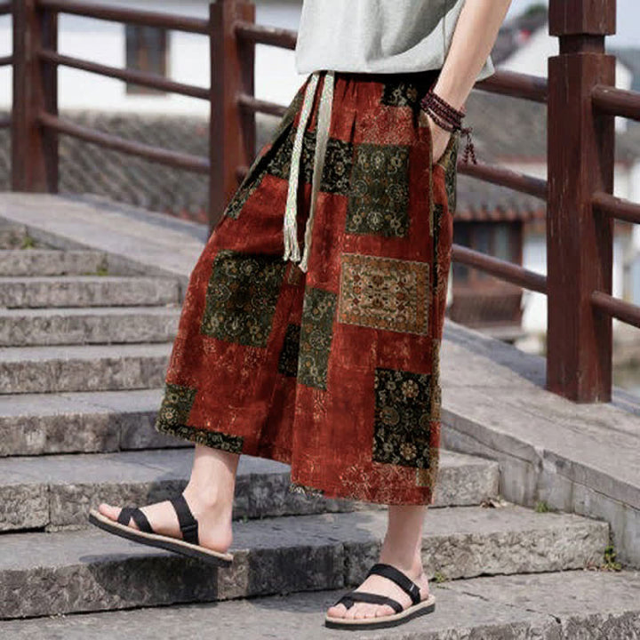 Buddha Stones Sommerliche Boho-Vintage-Caprihose mit Kordelzug und Blumenmuster, gerades Bein, mit Tasche - image 17