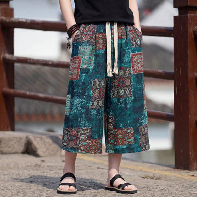 Buddha Stones Sommerliche Boho-Vintage-Caprihose mit Kordelzug und Blumenmuster, gerades Bein, mit Tasche - image 24