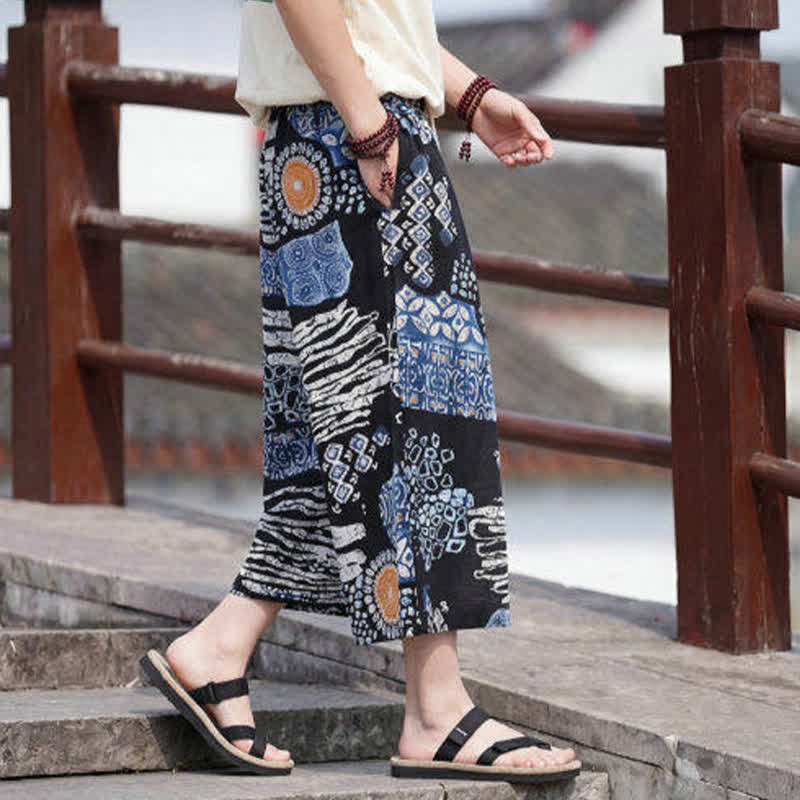 Buddha Stones Sommerliche Boho-Vintage-Caprihose mit Kordelzug und Blumenmuster, gerades Bein, mit Tasche - image 9