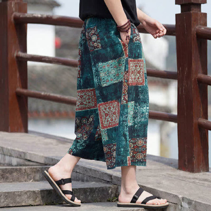 Buddha Stones Sommerliche Boho-Vintage-Caprihose mit Kordelzug und Blumenmuster, gerades Bein, mit Tasche - image 27