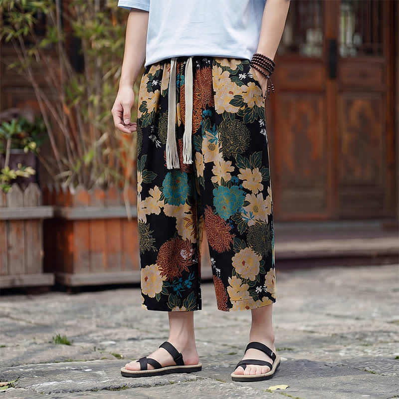 Buddha Stones Sommerliche Boho-Vintage-Caprihose mit Kordelzug und Blumenmuster, gerades Bein, mit Tasche - Schwarz - US/UK/AU46, EU56 (5XL) - image 0