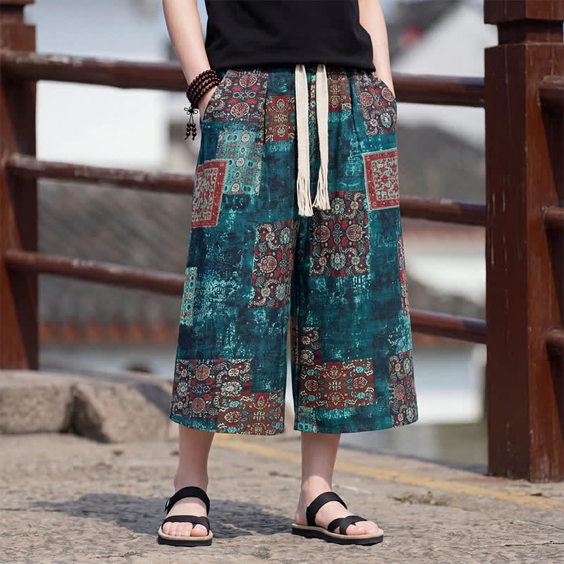 Buddha Stones Sommerliche Boho-Vintage-Caprihose mit Kordelzug und Blumenmuster, gerades Bein, mit Tasche - image 28
