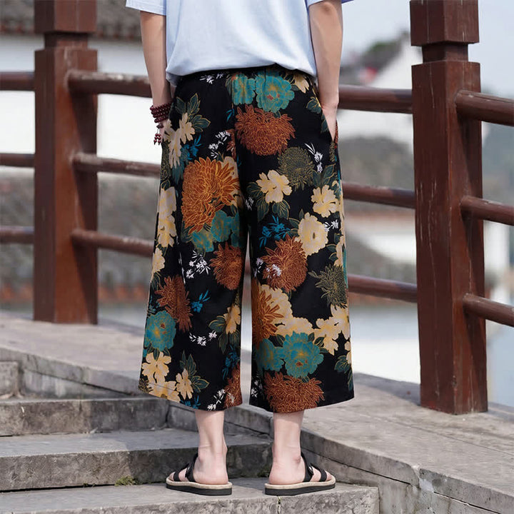 Buddha Stones Sommerliche Boho-Vintage-Caprihose mit Kordelzug und Blumenmuster, gerades Bein, mit Tasche - image 3