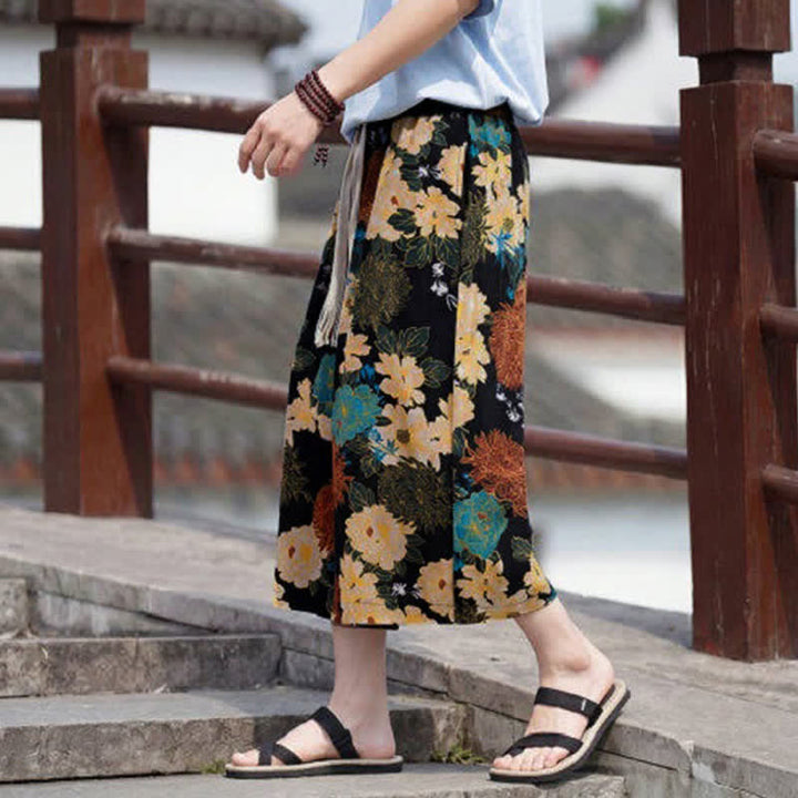 Buddha Stones Sommerliche Boho-Vintage-Caprihose mit Kordelzug und Blumenmuster, gerades Bein, mit Tasche - image 2