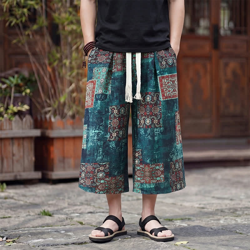 Buddha Stones Sommerliche Boho-Vintage-Caprihose mit Kordelzug und Blumenmuster, gerades Bein, mit Tasche - Türkis - US/UK/AU46, EU56 (5XL) - image 23