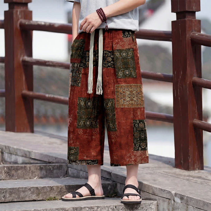 Buddha Stones Sommerliche Boho-Vintage-Caprihose mit Kordelzug und Blumenmuster, gerades Bein, mit Tasche - image 16