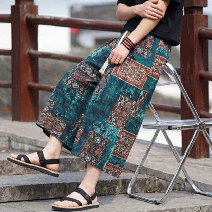 Buddha Stones Sommerliche Boho-Vintage-Caprihose mit Kordelzug und Blumenmuster, gerades Bein, mit Tasche - image 32