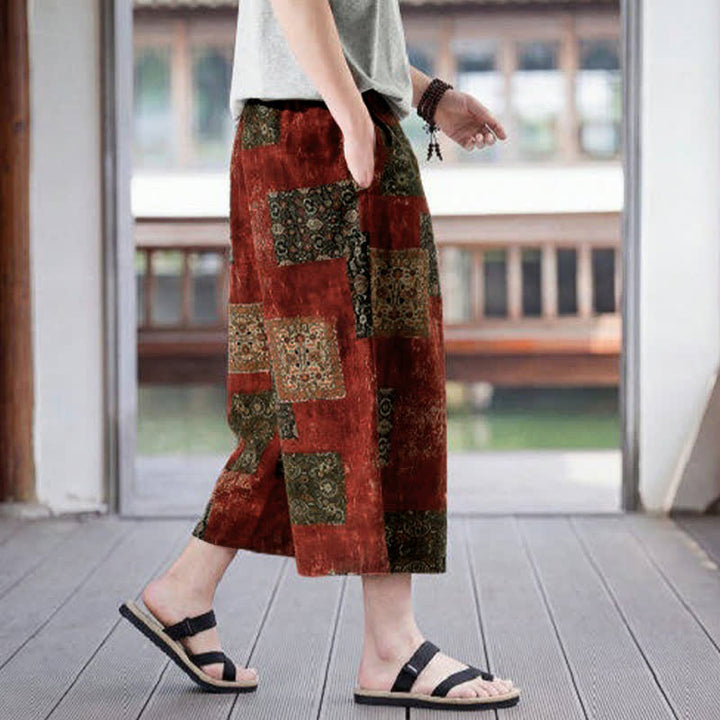 Buddha Stones Sommerliche Boho-Vintage-Caprihose mit Kordelzug und Blumenmuster, gerades Bein, mit Tasche - image 21