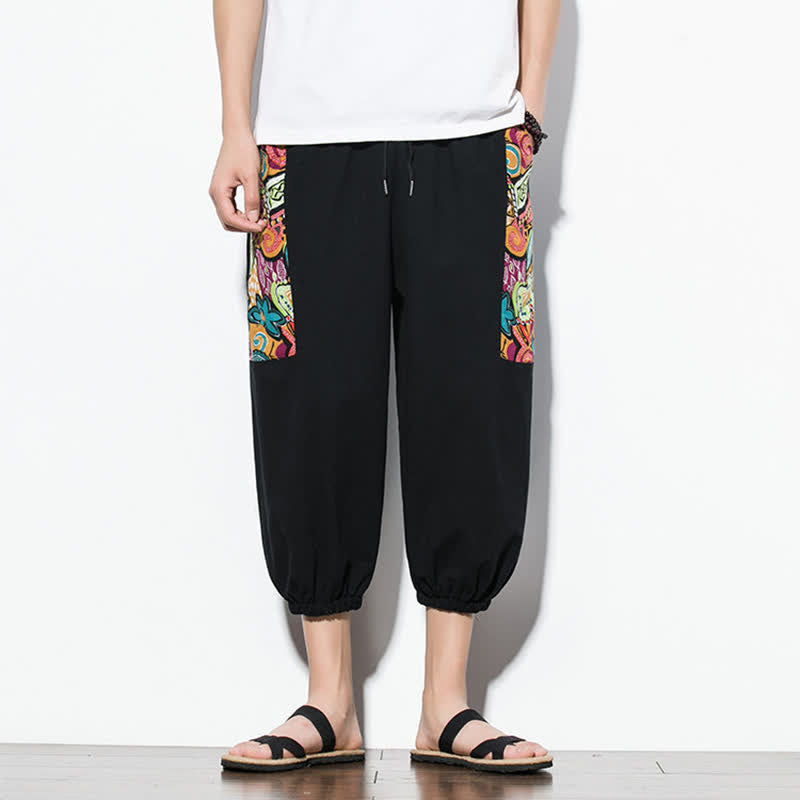 Buddha Stones Lässige Sommer-Caprihose im Boho-Stil mit Kordelzug und abstraktem Muster, Herren-Haremshose mit Tasche - Schwarz - US/UK/AU46, EU56 (5XL) - image 13