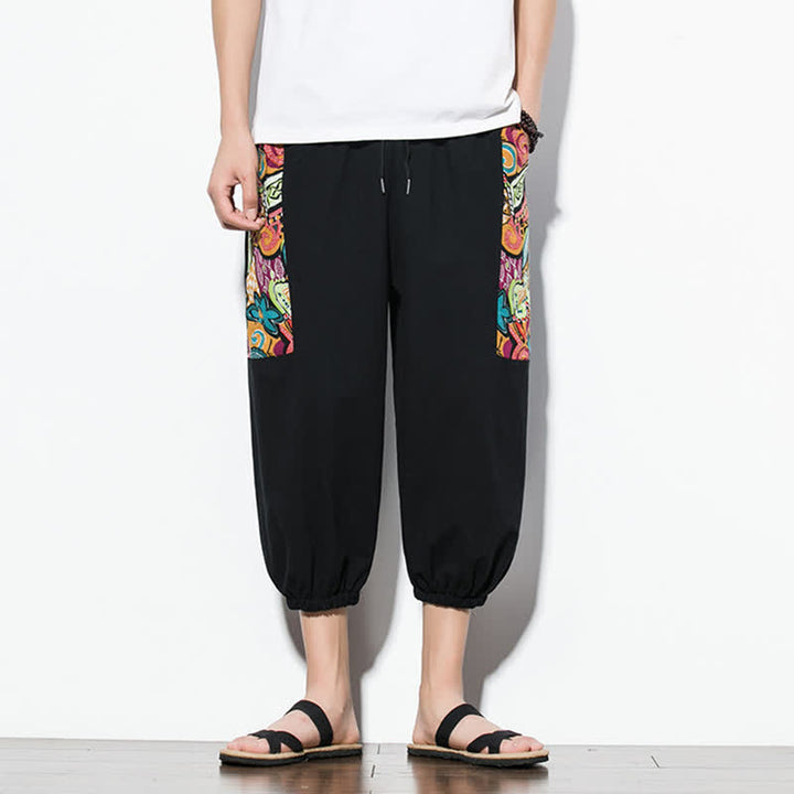 Buddha Stones Lässige Sommer-Caprihose im Boho-Stil mit Kordelzug und abstraktem Muster, Herren-Haremshose mit Tasche - Schwarz - US/UK/AU46, EU56 (5XL) - image 13