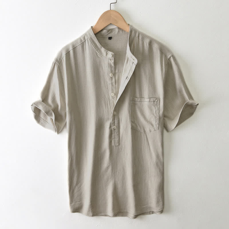 Buddha Stones Lässiges Sommerhemd im Tang-Stil mit Stehkragen, Knopfleiste, kurzen Ärmeln und Tasche für Herren. - Bräunen - US/UK/AU42, EU52 (3XL) - image 8