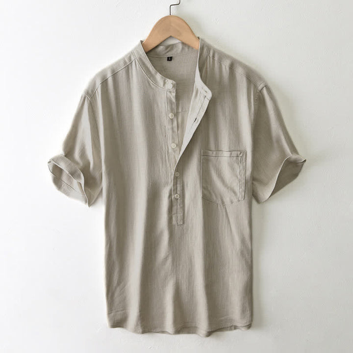 Buddha Stones Lässiges Sommerhemd im Tang-Stil mit Stehkragen, Knopfleiste, kurzen Ärmeln und Tasche für Herren. - Bräunen - US/UK/AU42, EU52 (3XL) - image 8