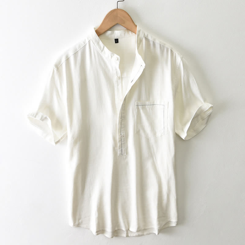 Buddha Stones Lässiges Sommerhemd im Tang-Stil mit Stehkragen, Knopfleiste, kurzen Ärmeln und Tasche für Herren. - Antikweiß - US/UK/AU42, EU52 (3XL) - image 0