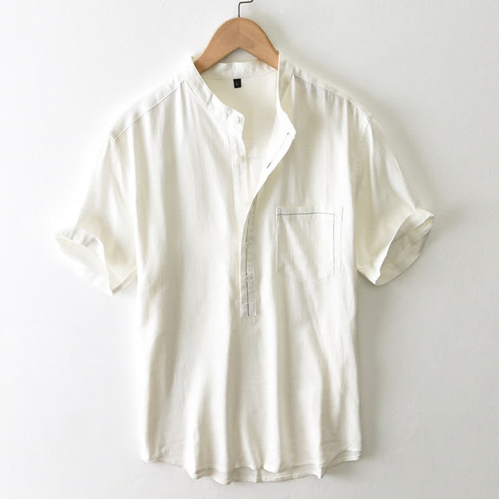 Buddha Stones Lässiges Sommerhemd im Tang-Stil mit Stehkragen, Knopfleiste, kurzen Ärmeln und Tasche für Herren. - Antikweiß - US/UK/AU42, EU52 (3XL) - image 0