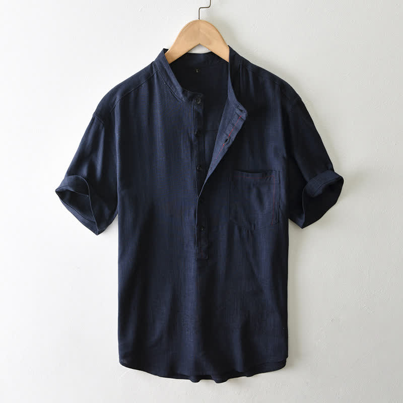 Buddha Stones Lässiges Sommerhemd im Tang-Stil mit Stehkragen, Knopfleiste, kurzen Ärmeln und Tasche für Herren. - Mitternachtsblau - US/UK/AU42, EU52 (3XL) - image 15
