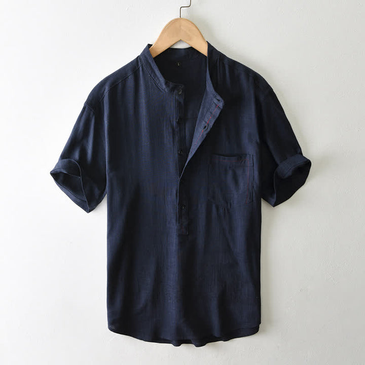 Buddha Stones Lässiges Sommerhemd im Tang-Stil mit Stehkragen, Knopfleiste, kurzen Ärmeln und Tasche für Herren. - Mitternachtsblau - US/UK/AU42, EU52 (3XL) - image 15