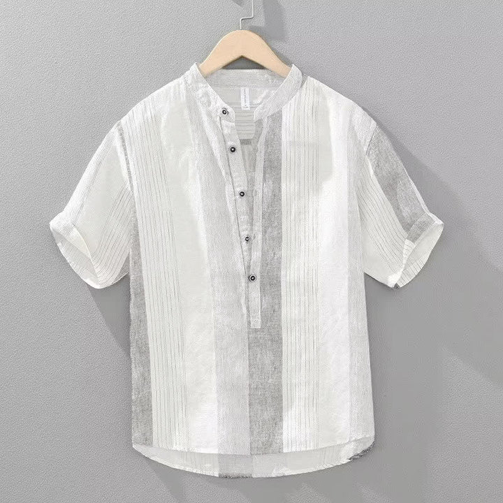 Buddha Stones Sommerliches, lässiges Herrenhemd im Tang-Stil mit Stehkragen und Streifen, Kurzarm - Weißrauch - US/UK/AU42, EU52 (3XL) - image 0