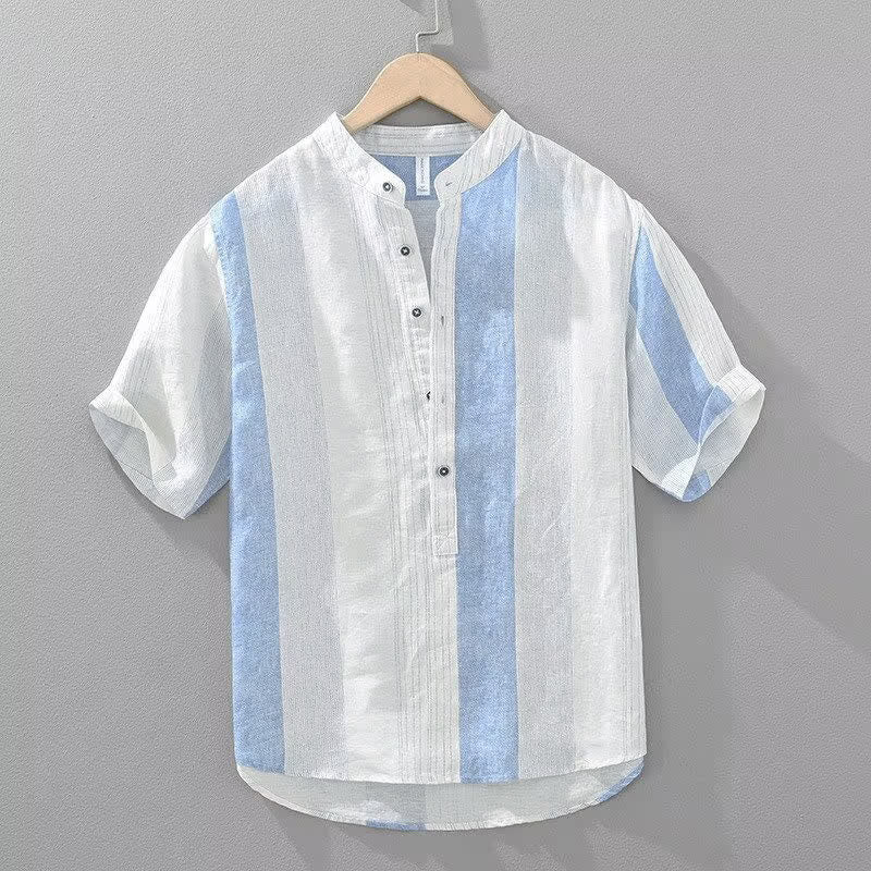 Buddha Stones Sommerliches, lässiges Herrenhemd im Tang-Stil mit Stehkragen und Streifen, Kurzarm - Hellblau - US/UK/AU42, EU52 (3XL) - image 1