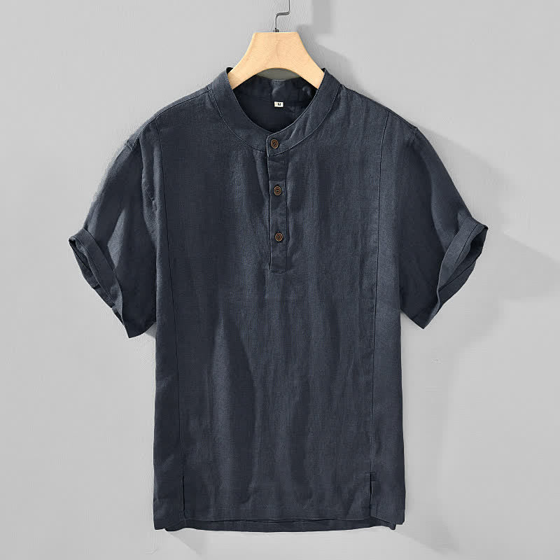 Buddha Stones Sommerliches Tang Style Casual Herrenhemd mit Stehkragen und Knopfleiste, Kurzarm - DimGray - US/UK/AU44, EU54 (4XL) - image 0