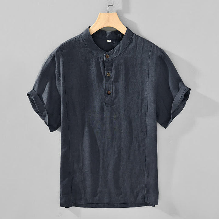 Buddha Stones Sommerliches Tang Style Casual Herrenhemd mit Stehkragen und Knopfleiste, Kurzarm - DimGray - US/UK/AU44, EU54 (4XL) - image 0