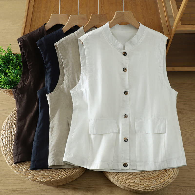 Buddha Stones Sommerliches, minimalistisches Tanktop im Tang-Stil mit Stehkragen, Knopfleiste und Tasche für Damen. - image 23