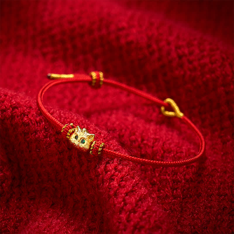 Buddha Stones Handgewebtes rotes Armband mit niedlichem Katzenmotiv - Rot (Handgelenkumfang 15-19 cm) - image 0