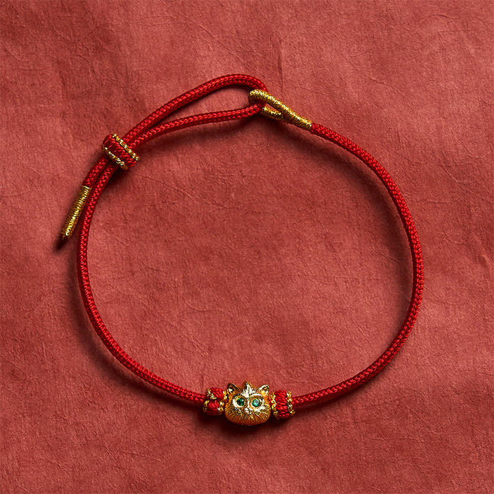 Buddha Stones Handgewebtes rotes Armband mit niedlichem Katzenmotiv - image 3
