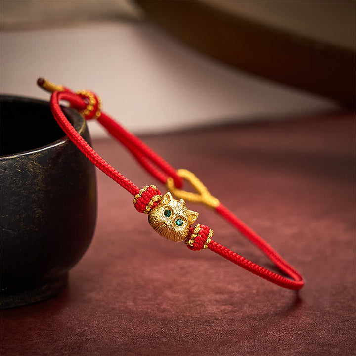 Buddha Stones Handgewebtes rotes Armband mit niedlichem Katzenmotiv - image 2