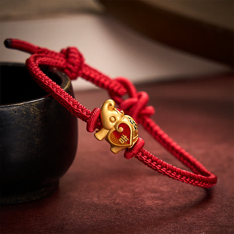 Buddha Stones Handgefertigtes, geflochtenes Armband mit Elefantenmotiv, Herz und Schutzmotiv, verstellbar, aus roter Schnur - Dunkelrot - 5,91-7,48 Zoll (15-19 cm) - image 0