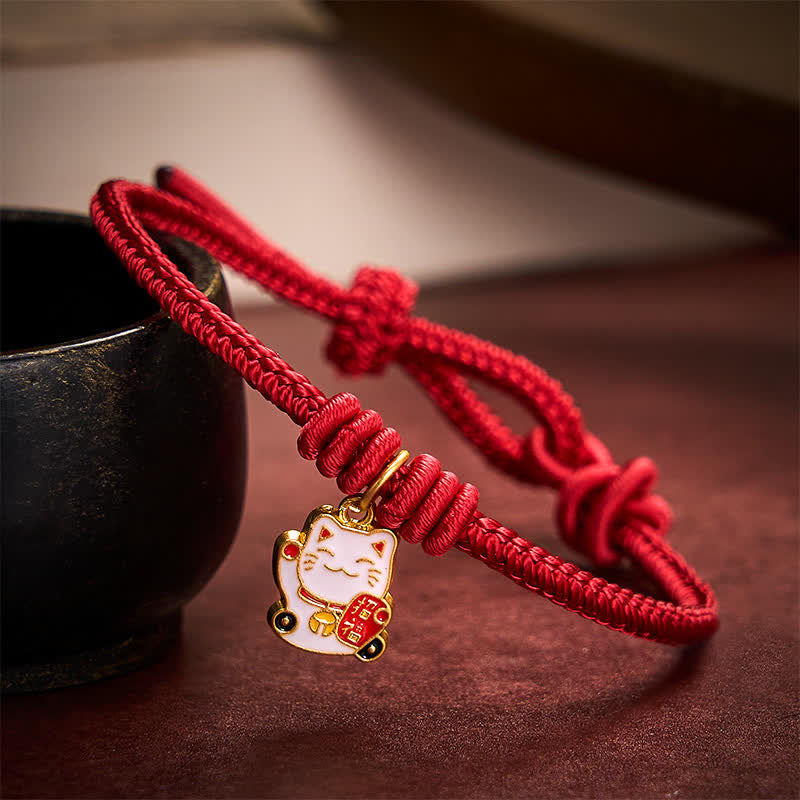 Buddha Stones Handgefertigtes, geflochtenes Armband aus roter Schnur mit Glückskatzenmotiv (Fu-Figur), verstellbar - Dunkelrot - 5,91-7,48 Zoll (15-19 cm) - image 0