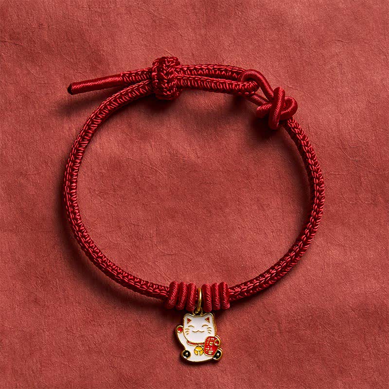 Buddha Stones Handgefertigtes, geflochtenes Armband aus roter Schnur mit Glückskatzenmotiv (Fu-Figur), verstellbar - image 1