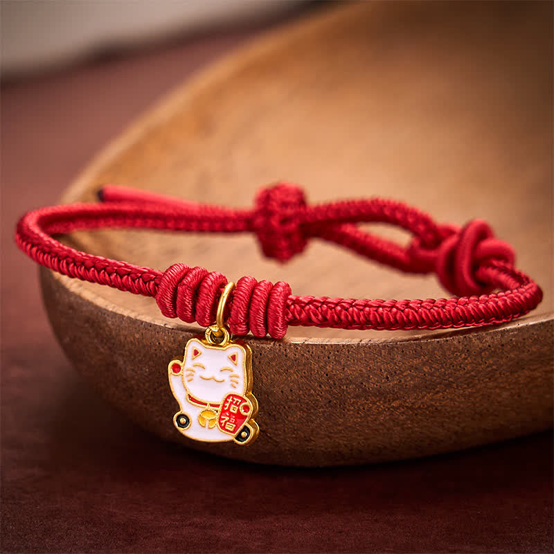 Buddha Stones Handgefertigtes, geflochtenes Armband aus roter Schnur mit Glückskatzenmotiv (Fu-Figur), verstellbar - image 2