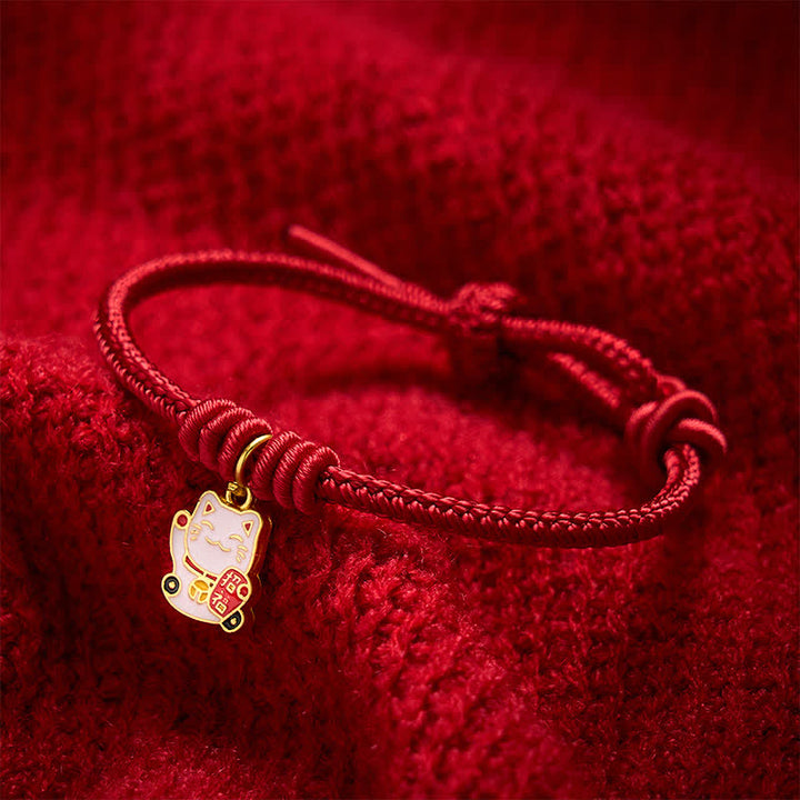 Buddha Stones Handgefertigtes, geflochtenes Armband aus roter Schnur mit Glückskatzenmotiv (Fu-Figur), verstellbar - image 3
