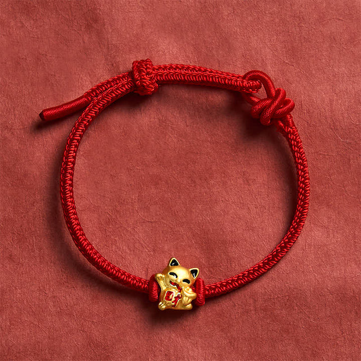 Buddha Stones Handgefertigtes, geflochtenes Armband aus roter Schnur mit goldener Glückskatze und verstellbarem Verschluss - image 7
